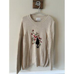 CJ Banks Womens Size X Santa Cat Christmas Sweater Hand Embroidered Cream
